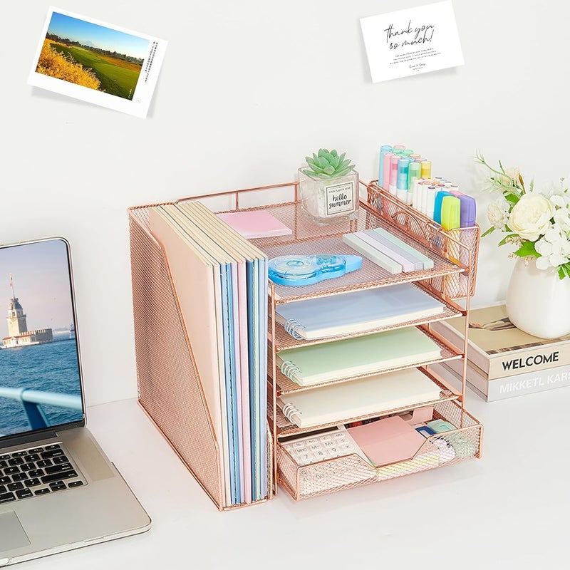 Gugsey Desk Organizer, 5-Tier Paper Letter Tray Organizer with File Holder, Drawer and Pen Holder, Desktop Organizer for Office Supplies, Rose Gold - Image 5